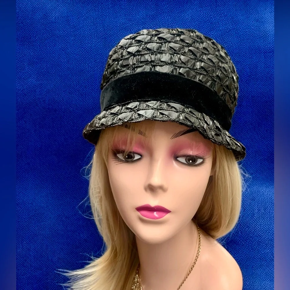 Vintage 50s Black Woven Cello Straw Derby Bucket Hat - Picture 3 of 9